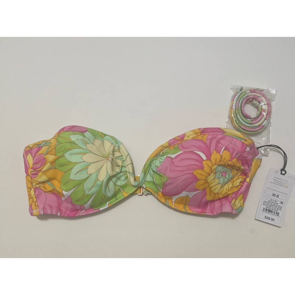 Shade & Shore V-Wire Bandeau Halter Bikini Top Multi Floral Print 36B - Picture 3 of 5
